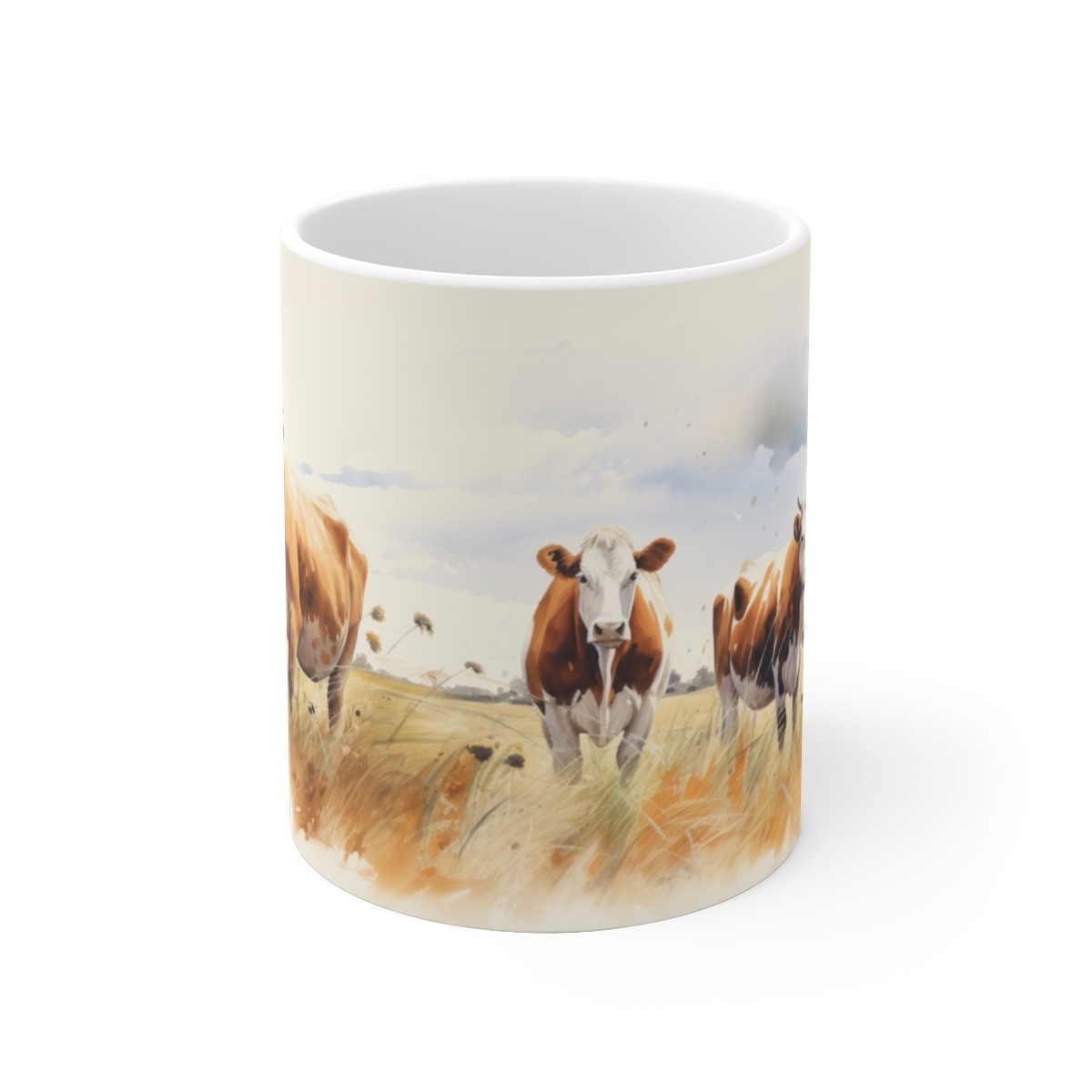 Ländliche Tasse mit Rinder- und Kuhmotiv im Aquarellstil