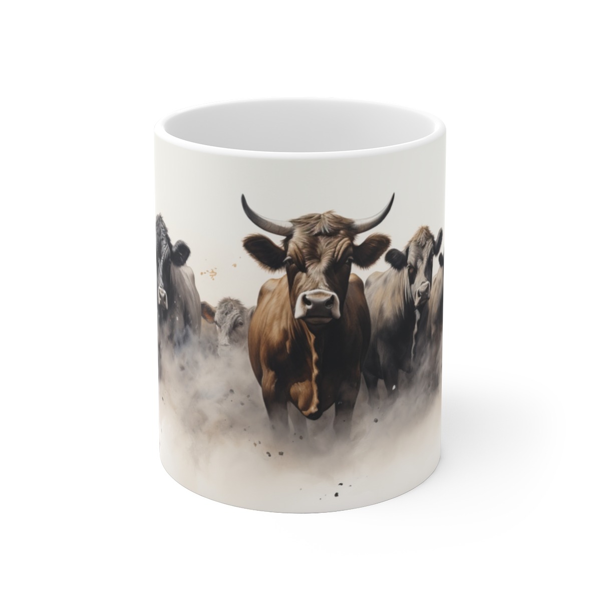 Weiße Keramik Tasse - Rinder und Kühe im Aquarell Stil