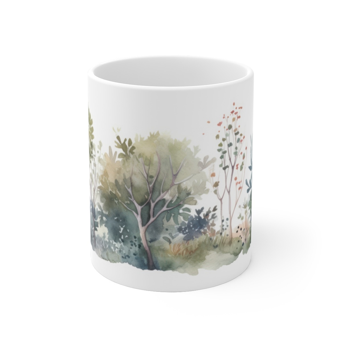 Tasse mit baumbedecktem Laubwald