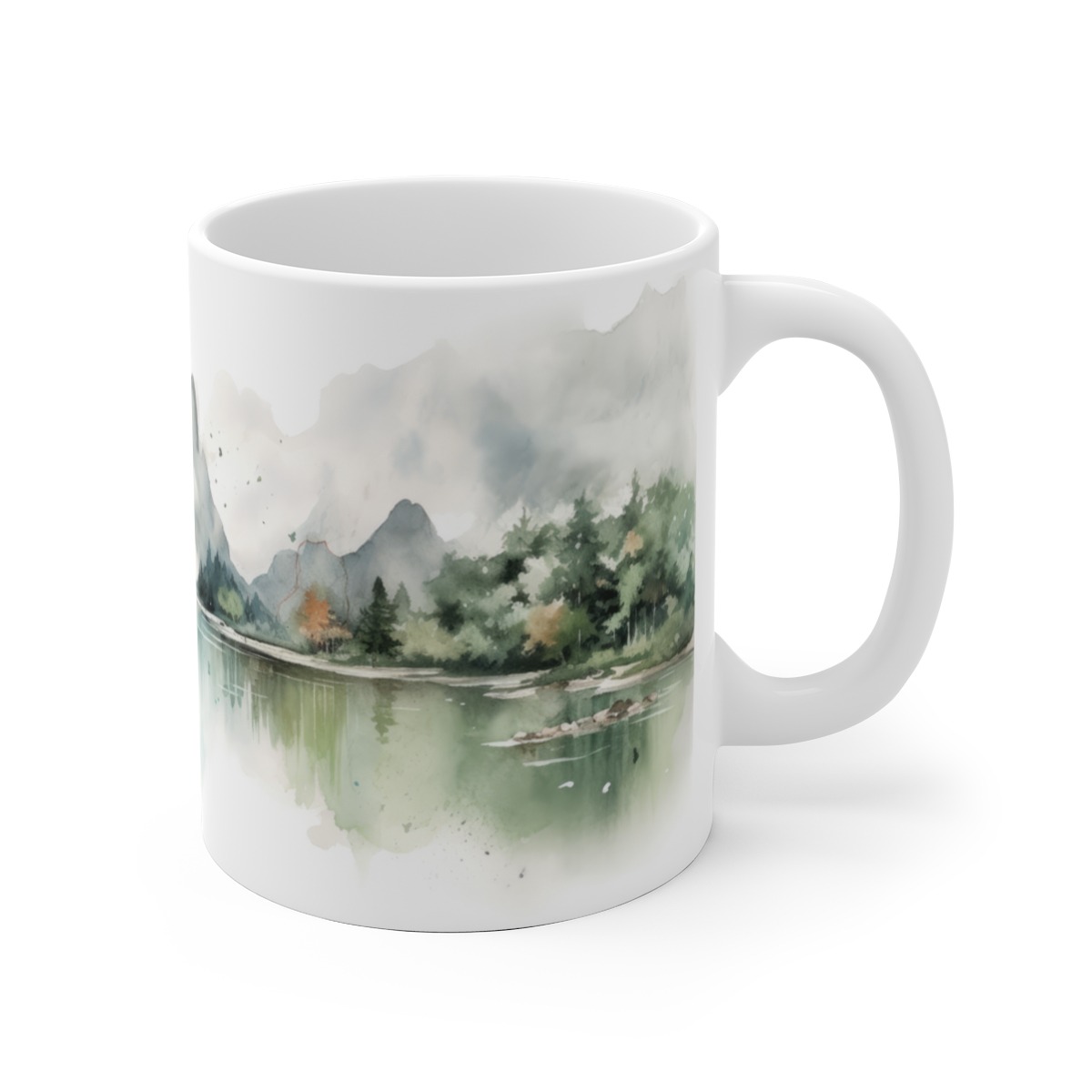 Kaffeebecher mit Aquarell-Berg-See-Landschaft