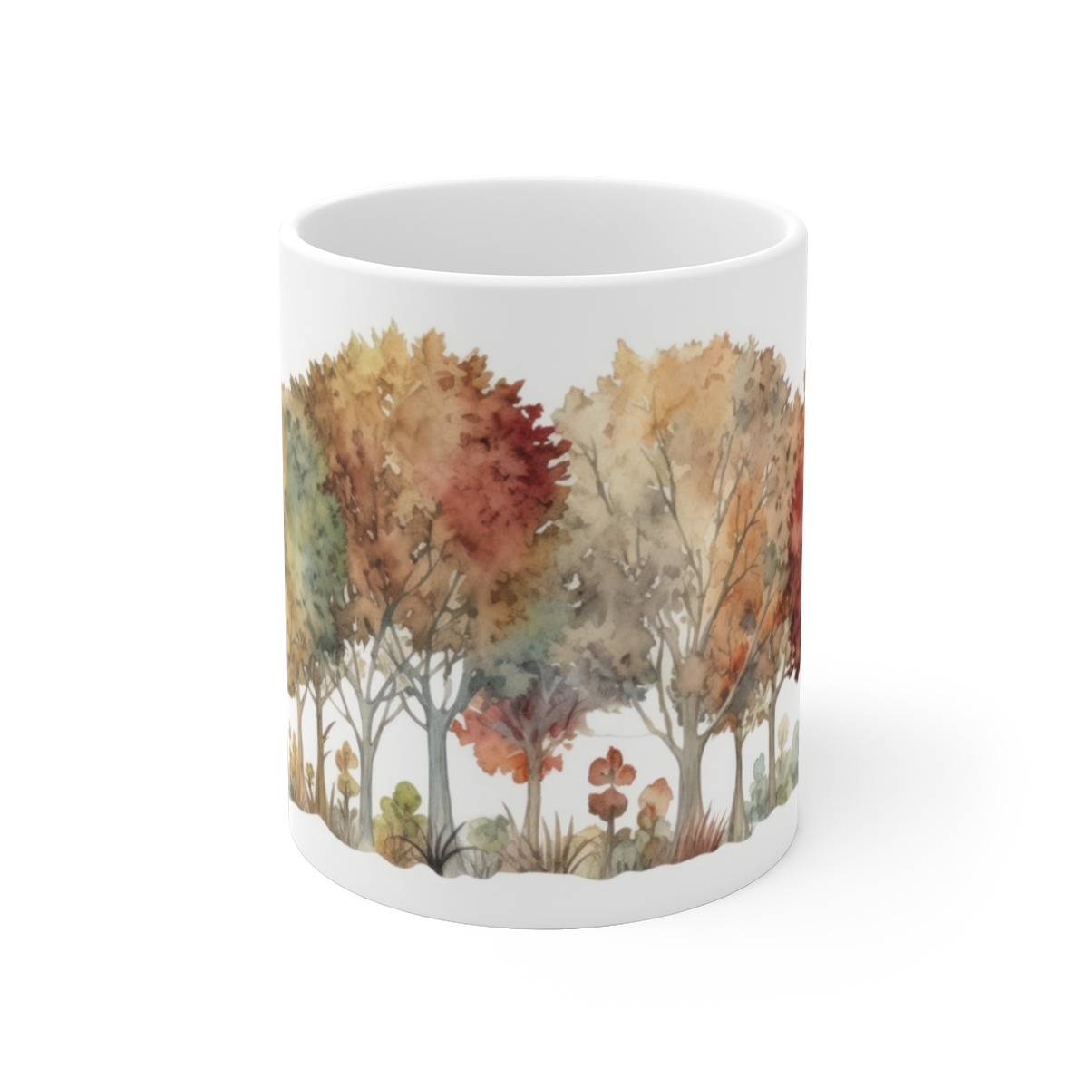 Herbstlich inspirierte Keramiktasse mit Aquarell-Laubbäumen