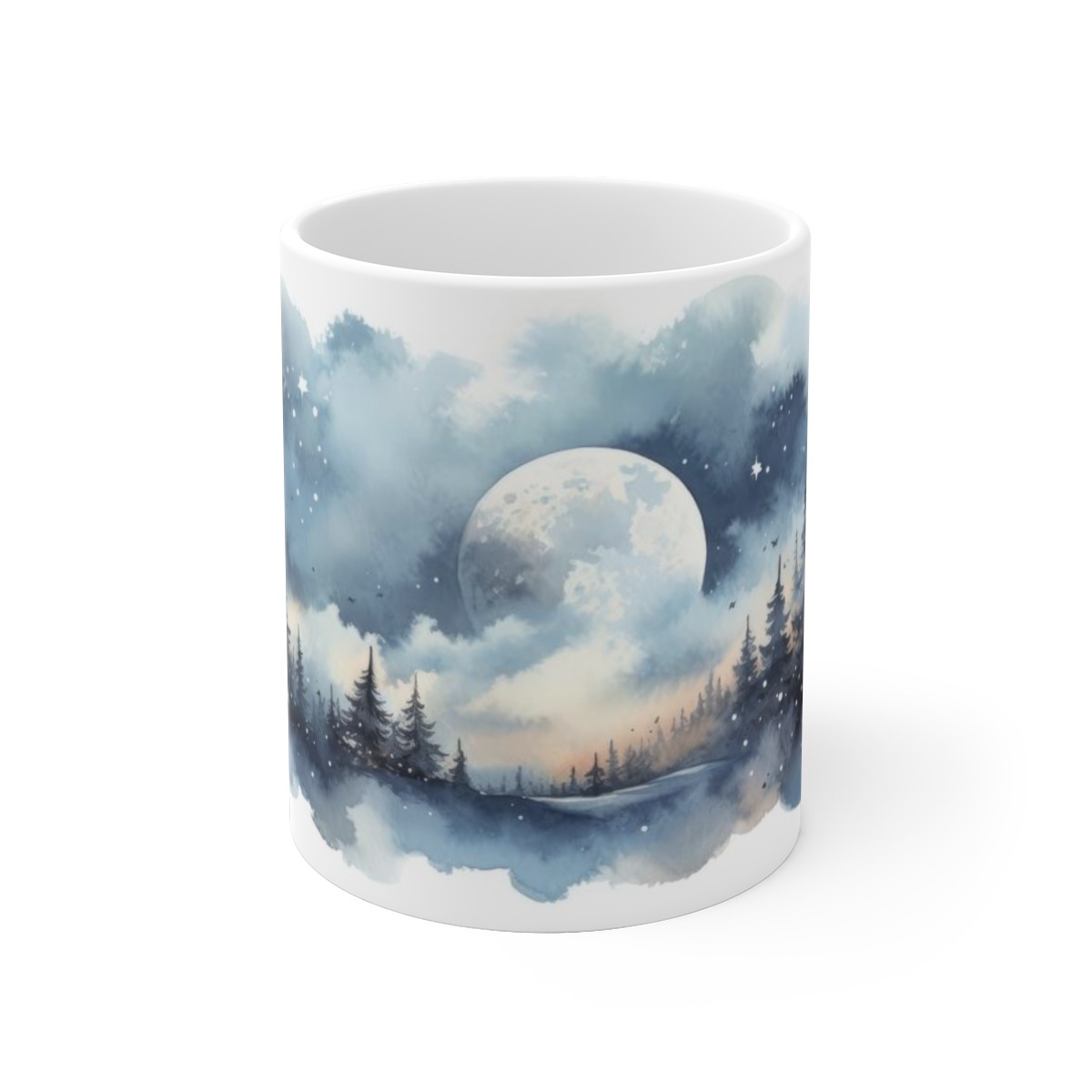 Bedruckte Tasse mit Aquarell-Wasserfarbenlandschaft Natur Nacht Mond und Sterne Kaffeetasse Bäume