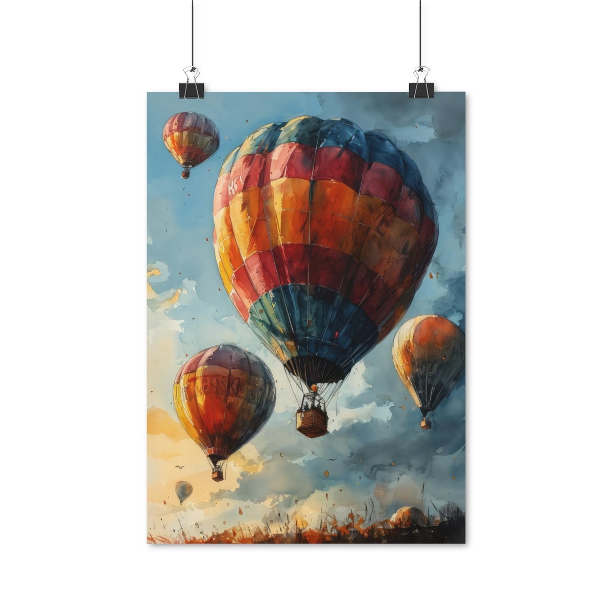 Buntes Aquarell-Poster mit Heißluftballons - Himmelsabenteuer, verschiedene Größen, Matt/Glanz