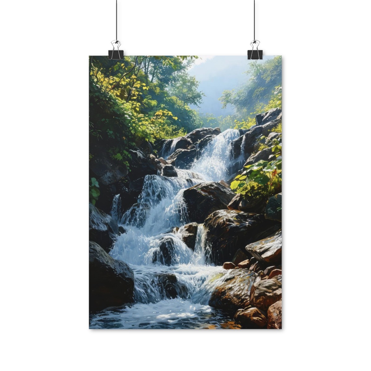 Poster mit idyllischem Wasserfall im Wald - Sonnenspiel, verschiedene Größen