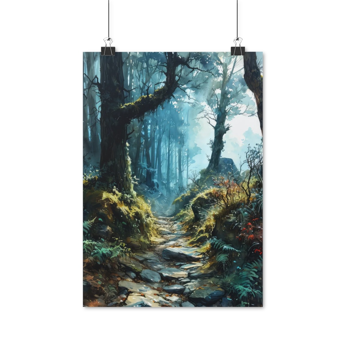 Mystischer Wald-Aquarell-Poster – verzauberte Waldszene, 4 Größen, matt/glänzend