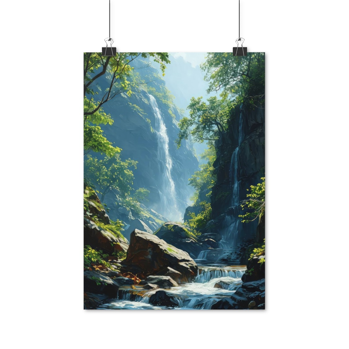 Idyllisches Wasserfall Aquarell - Naturbild, 4 Größen, Matt oder Glanz