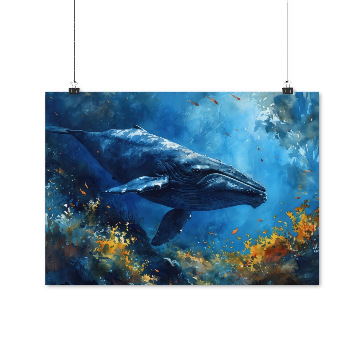 Blauwal Ozean Aquarell Poster - Majestätisches Unterwasserlebewesen