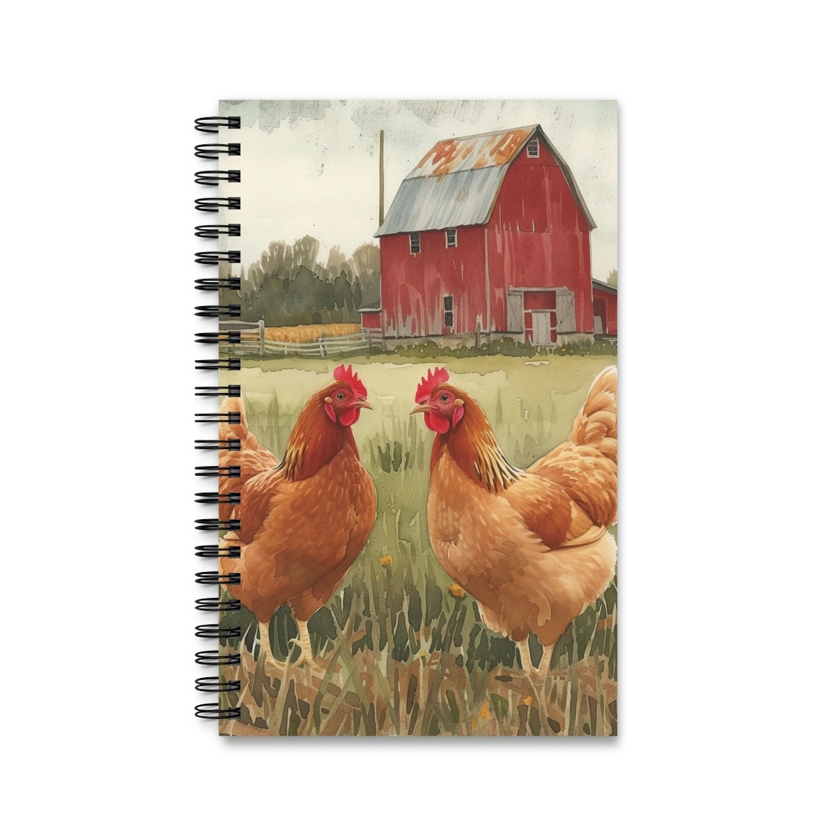 Aquarell Notizbuch mit Ringbindung - Zwei Hühner auf Farm