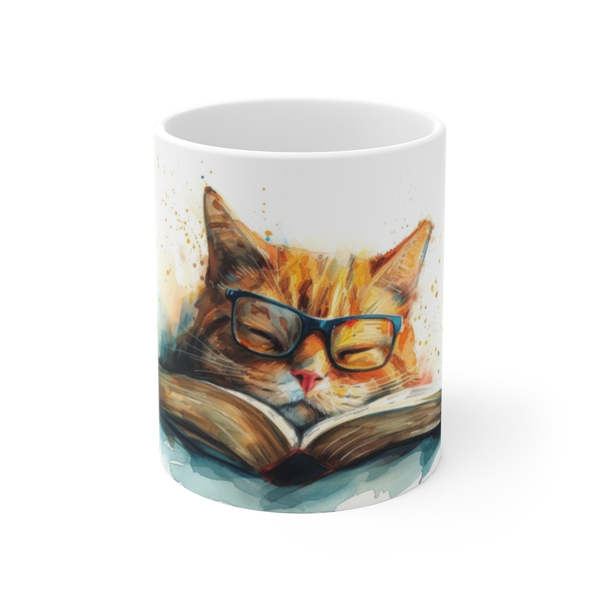Niedliches Katzen-Lese-Aquarelltasse - Entspanntes Haustierdesign - Ideal für Katzenliebhaber und Leseratten