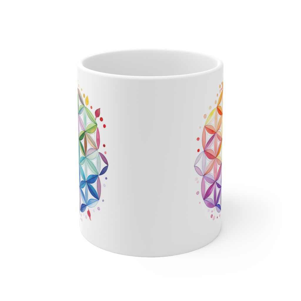 Wei&szlig;e Keramiktasse mit Aquarell Lebensblume - Ideales Geschenk f&uuml;r Spirituelle und Achtsame