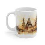 Bedruckte Kaffeetasse mit Aquarell Skyline von Dresden als ideales Geschenk