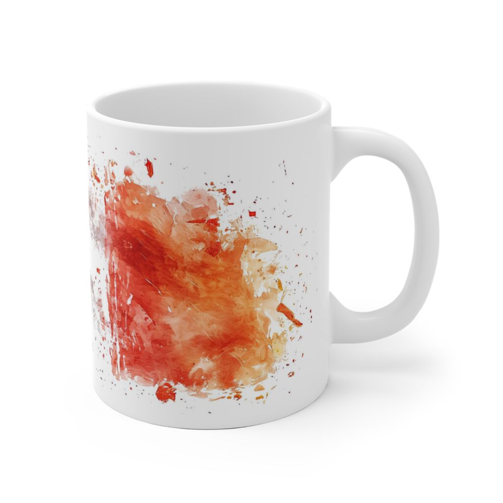 Die wei&szlig;e Keramiktasse zeigt ein italienisches Aquarellmotiv in Rot und Orange mit lebendigen Farbverl&auml;ufen f&uuml;r Kaffee, Espresso und Tee.