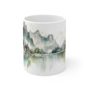 Aquarell Tasse mit Berg- und Seelandschaft - Perfektes Geschenk für Kaffeeliebhaber