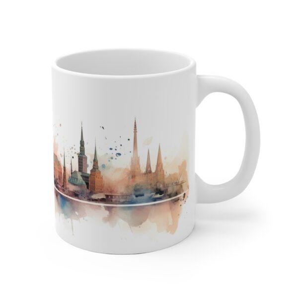 Aquarell Skyline Hamburg Kaffeetasse – Bedruckte Geschenkidee für Stadtliebhaber