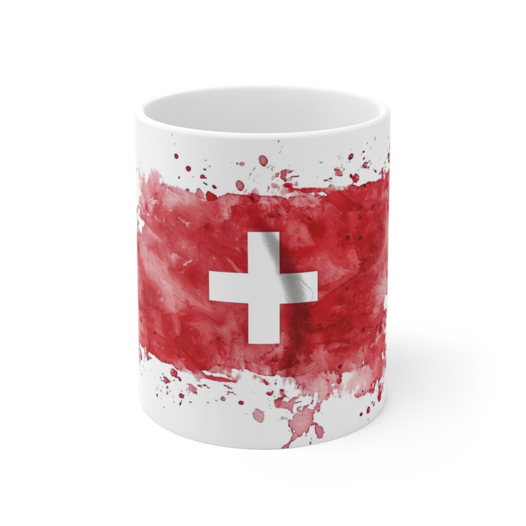 Mit rotem Aquarell und wei&szlig;em Kreuz zeigt die Keramiktasse ein Schweizer Flaggenmotiv im handgemalten Stil f&uuml;r den Alltag.
