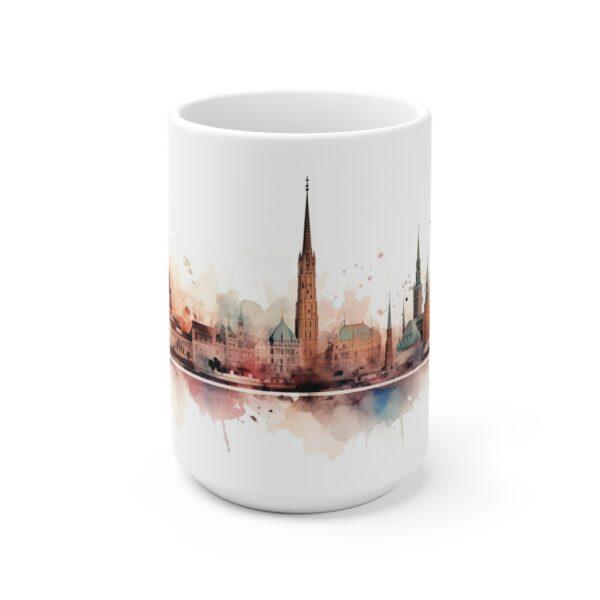 Aquarell Skyline Hamburg Kaffeetasse – Bedruckte Geschenkidee für Stadtliebhaber