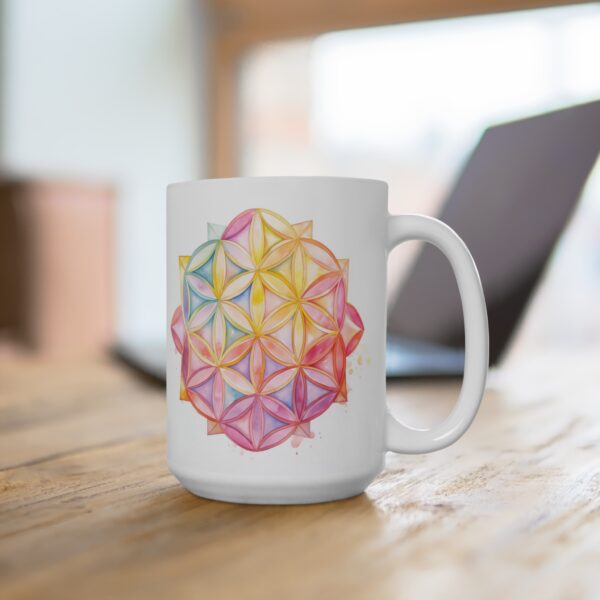 Weiße Aquarell Keramiktasse mit Lebensblume – Ideal für spirituelle Geschenke