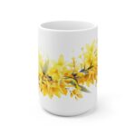 Weiße Keramik Tasse mit Forsythien im Aquarell – Frühlingshafte Naturdeko