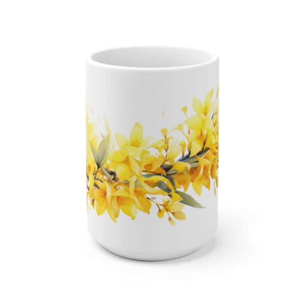 Weiße Keramik Tasse mit Forsythien im Aquarell – Frühlingshafte Naturdeko