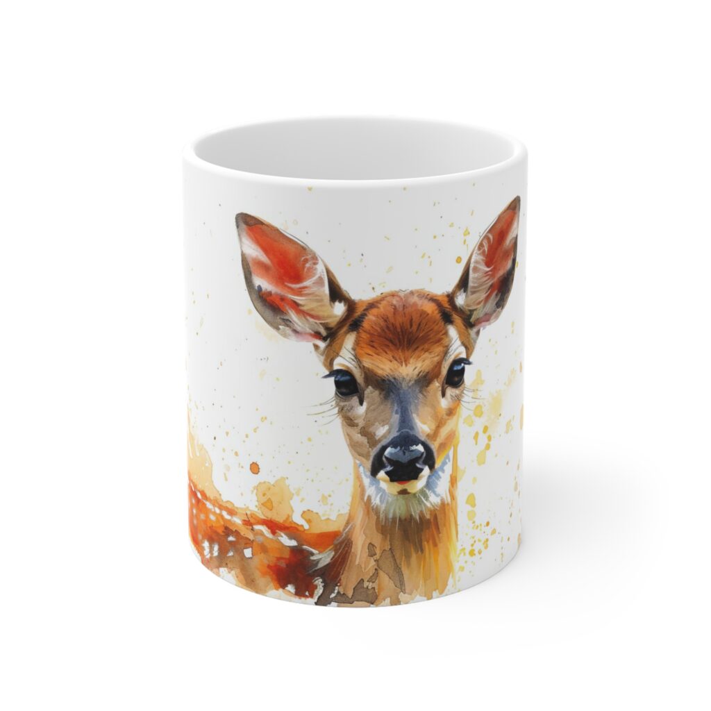 Aquarell Rehkitz Tasse - Keramiktasse f&uuml;r Naturfreunde, Mikrowellengeeignet