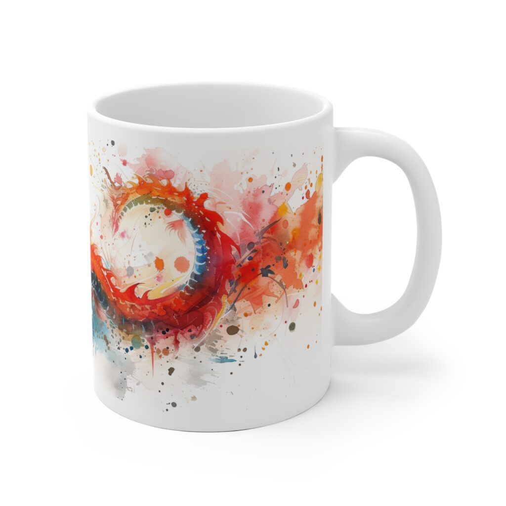 Auf der wei&szlig;en Keramiktasse windet sich ein chinesischer Drache im Aquarellstil mit roten, orangefarbenen und blauen Spritzern.