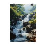 Idyllischer Wasserfall im Waldbach Poster – Sonnenlicht Reflektion, verschiedene Größen erhältlich