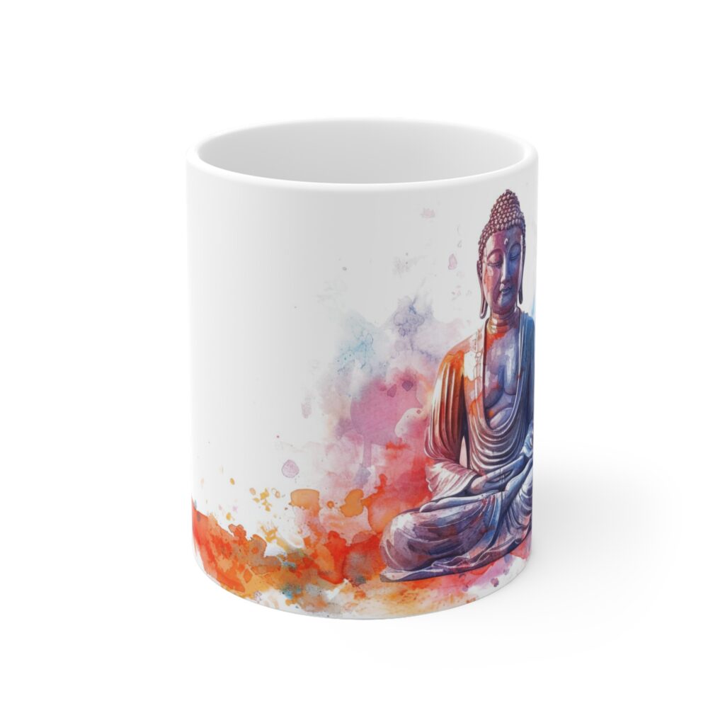 Wei&szlig;e Buddha-Motivtasse aus Keramik mit farbenfrohem Aquarell-Design f&uuml;r bewusste Pausen und inneren Frieden im Alltag