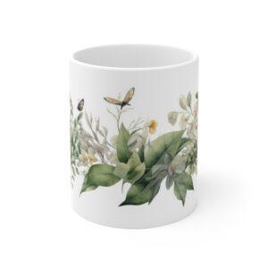 "Aquarell Pflanzen Kaffeetasse mit Schmetterlings-Motiv – ideales Geschenk für Naturliebhaber"