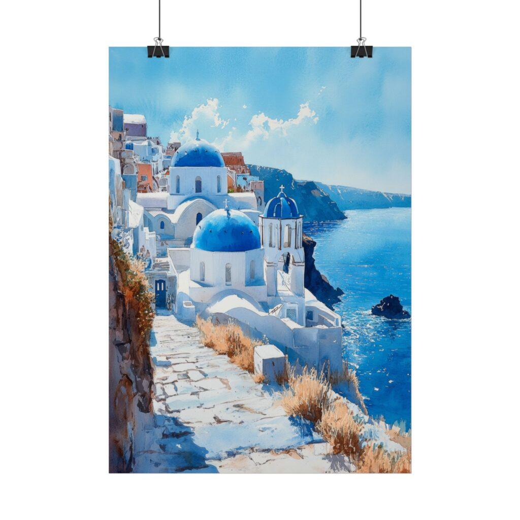 Santorini Aquarell Kunstposter &ndash; Mediterranes Flair f&uuml;r jeden Raum, 4 Gr&ouml;&szlig;en verf&uuml;gbar