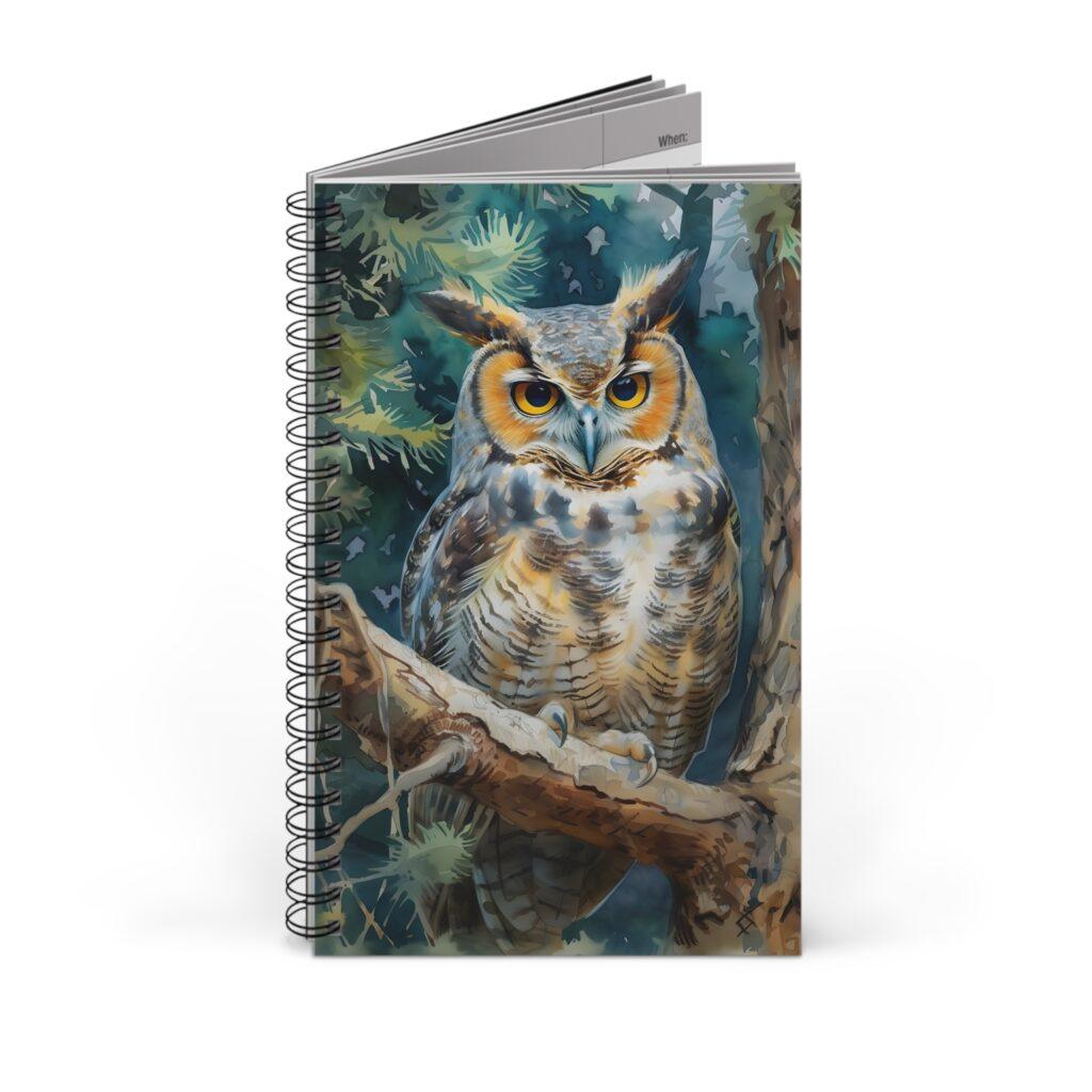 Aquarell Eule im Baum Notizbuch &ndash; Blanko, Liniensystem, Punktraster oder Planer