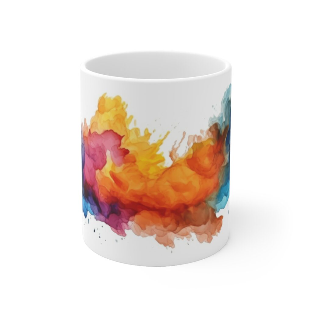 Die wei&szlig;e Kaffeetasse zeigt ein farbenfrohes Aquarell-Motiv in Orange, Pink, Blau und Gelb und bringt kunstvolles Design in den Alltag.