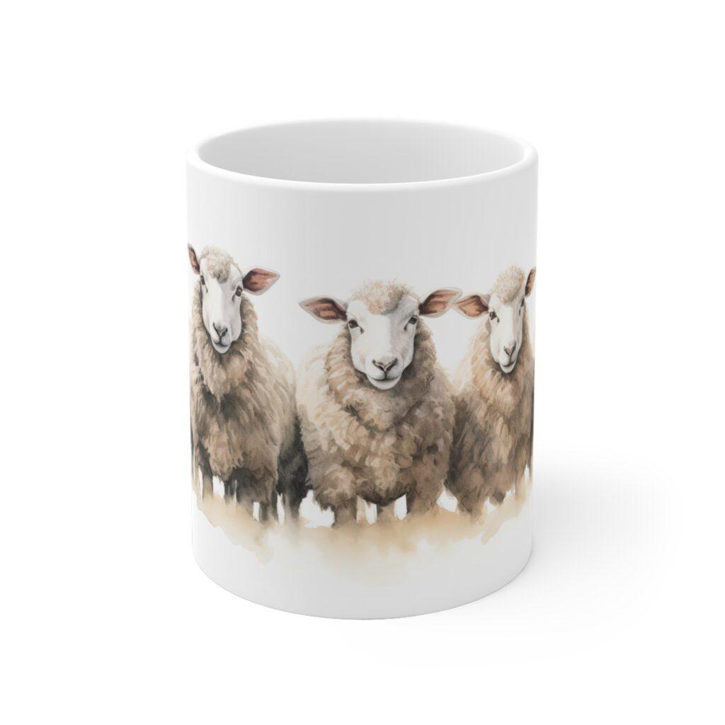 Wei&szlig;e Keramiktasse mit Aquarell Schafherde &ndash; Idyllische Tiermotivation f&uuml;r jeden Tag