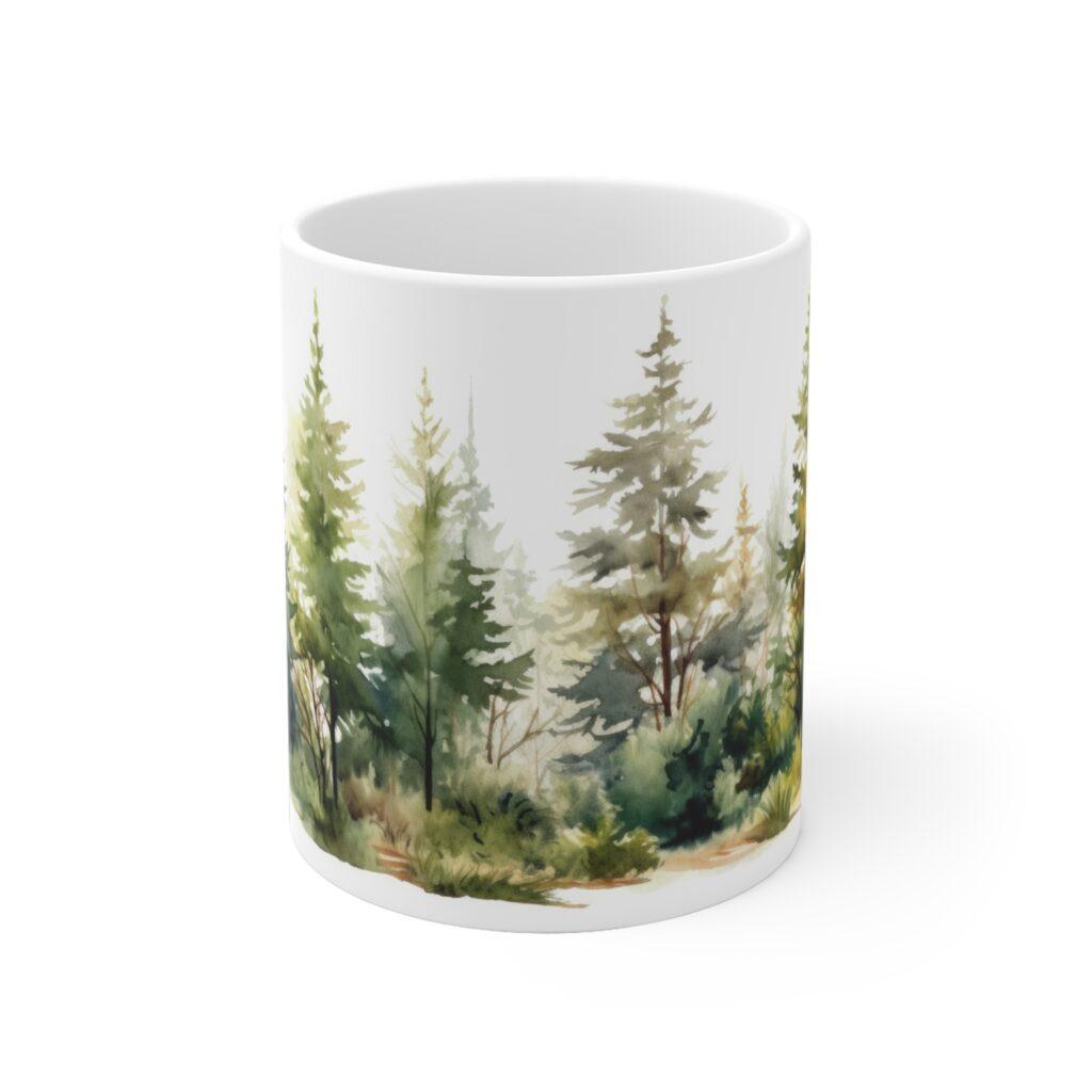 "Personalisierte Aquarell Geschenk-Tasse mit Waldmotiv - Kaffeetasse mit Nadelb&auml;umen"