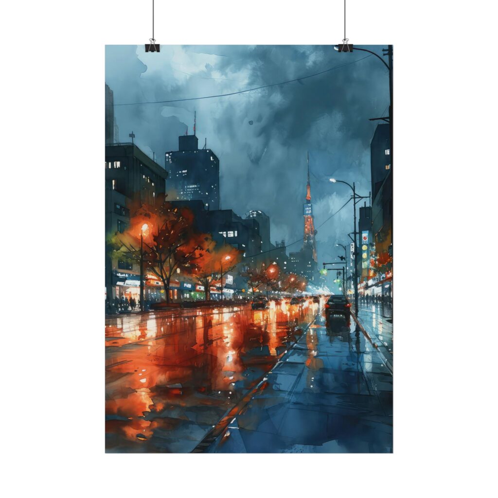 Gro&szlig;stadtstra&szlig;e bei Nacht Aquarell Poster &ndash; Urbanes Flair f&uuml;r dein Zuhause