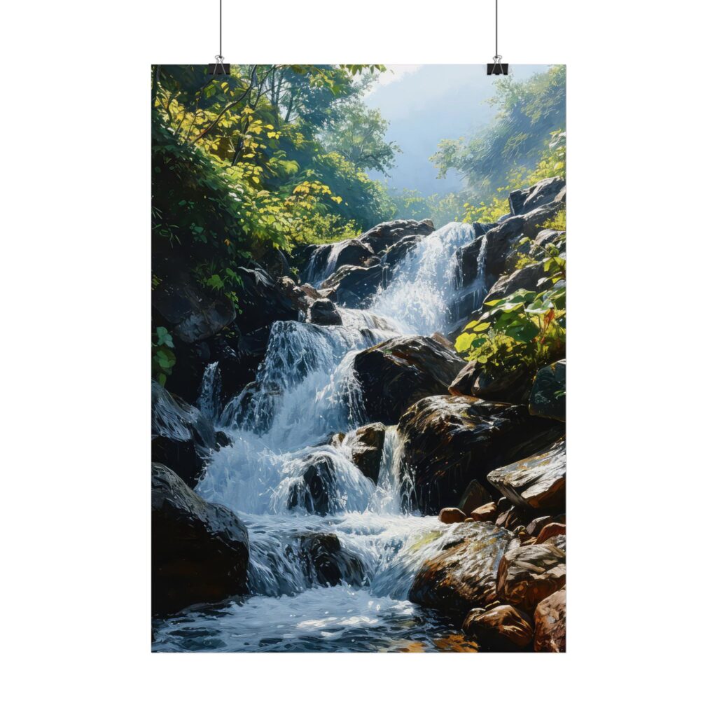 Idyllischer Wasserfall im Waldbach Poster &ndash; Sonnenlicht Reflektion, verschiedene Gr&ouml;&szlig;en erh&auml;ltlich