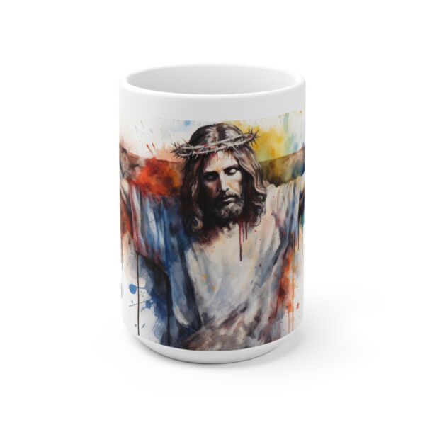 Jesus am Kreuz Tasse - Spirituelle Aquarell Keramiktasse für Christliche Andacht und Inspiration