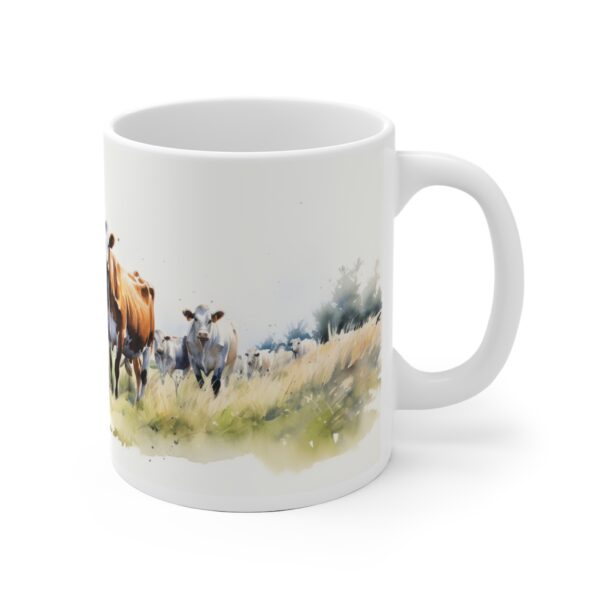 Weiße Keramiktasse mit Rindern und Kühen im Aquarell Stil – Ländliche Tiermotive für Tierliebhaber