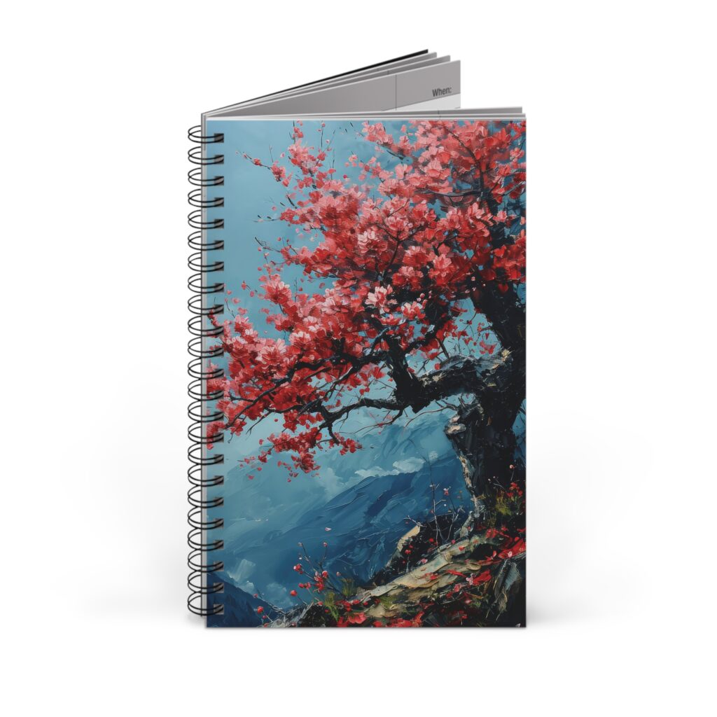 Das Notizbuch zeigt ein Kirschbaum-Aquarell mit roten Bl&uuml;ten auf blauem Hintergrund und steht f&uuml;r die vier Layouts Blanko, Liniert, Punktraster und Planer.