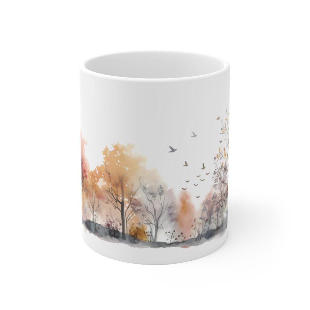 Aquarell-Kaffeetasse mit Laubb&auml;umen im Herbst &ndash; Perfektes Geschenk f&uuml;r Natur-Liebhaber