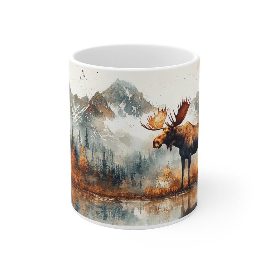 Aquarell Elch Tasse im Yukon &ndash; Naturmotiv Kaffeetasse f&uuml;r Tierliebhaber