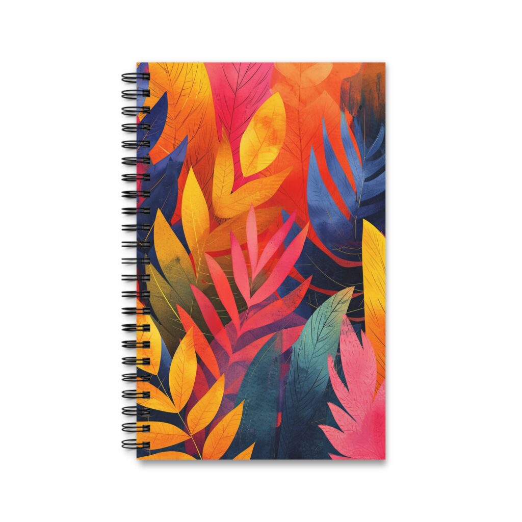 Ein farbenfrohes Aquarell Notizbuch mit Bl&uuml;ten und Bl&auml;ttern zeigt ein maximalistisches Floralmotiv in kr&auml;ftigen Orange-, Pink- und Blaut&ouml;nen.