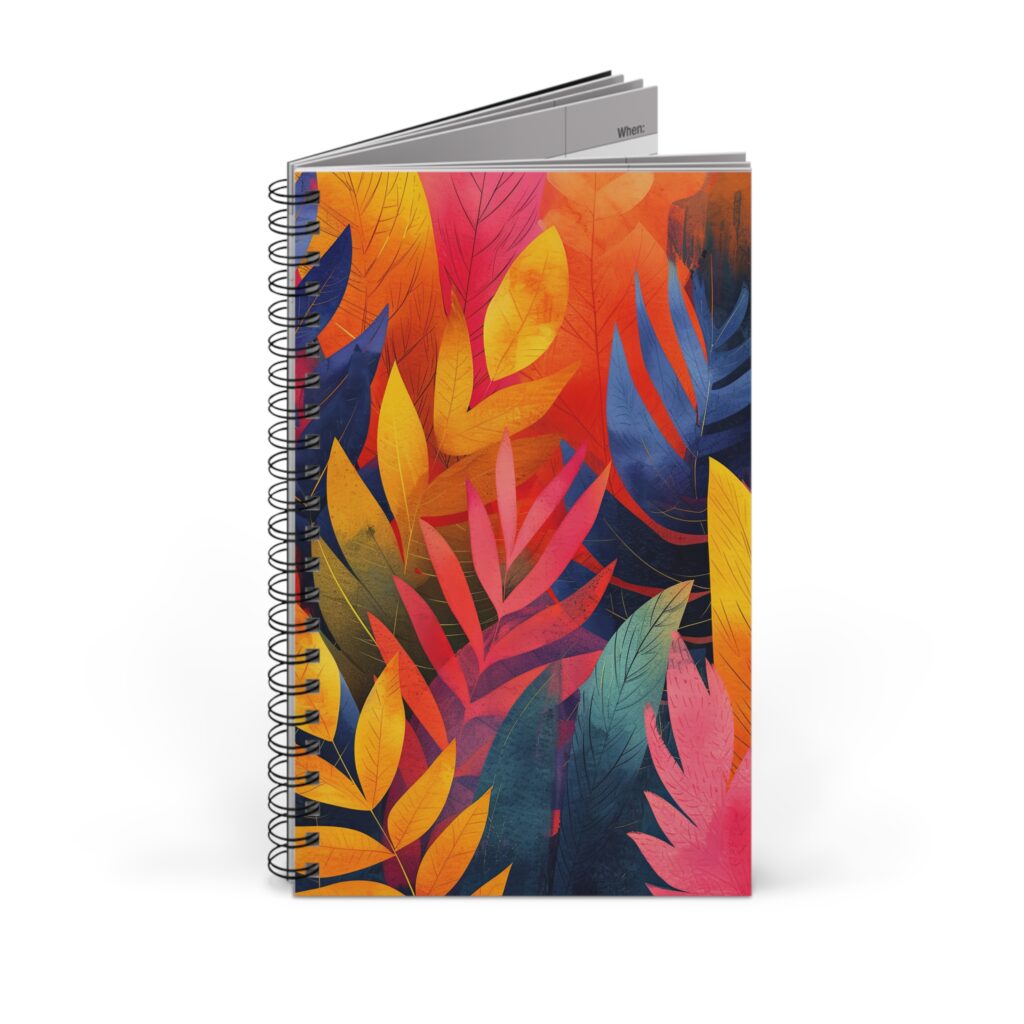 Ein farbintensives Aquarell Notizbuch mit Bl&uuml;ten und Bl&auml;ttern zeigt ein maximalistisches Floralmotiv in Orange, Pink, Blau und Gelb von Shotspace.