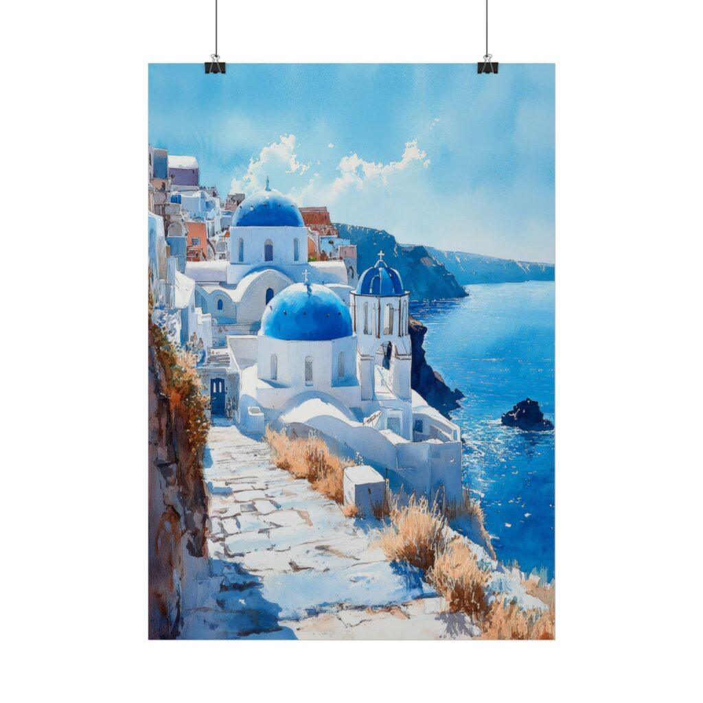 Santorini Aquarell Kunstposter &ndash; Mediterranes Flair f&uuml;r jeden Raum, 4 Gr&ouml;&szlig;en verf&uuml;gbar