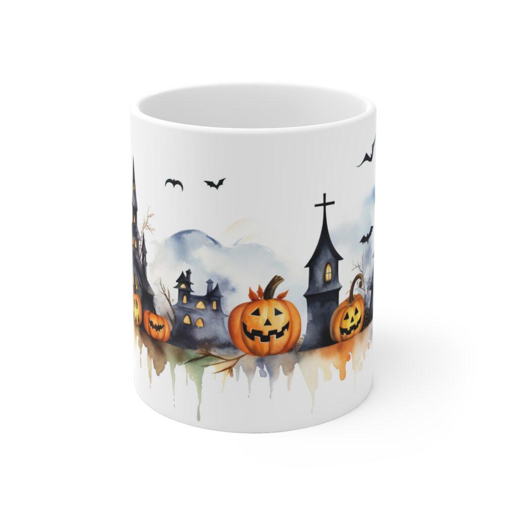 Helloween-Zauber: Wei&szlig;e Aquarell-Keramiktasse f&uuml;r festliche Stimmung