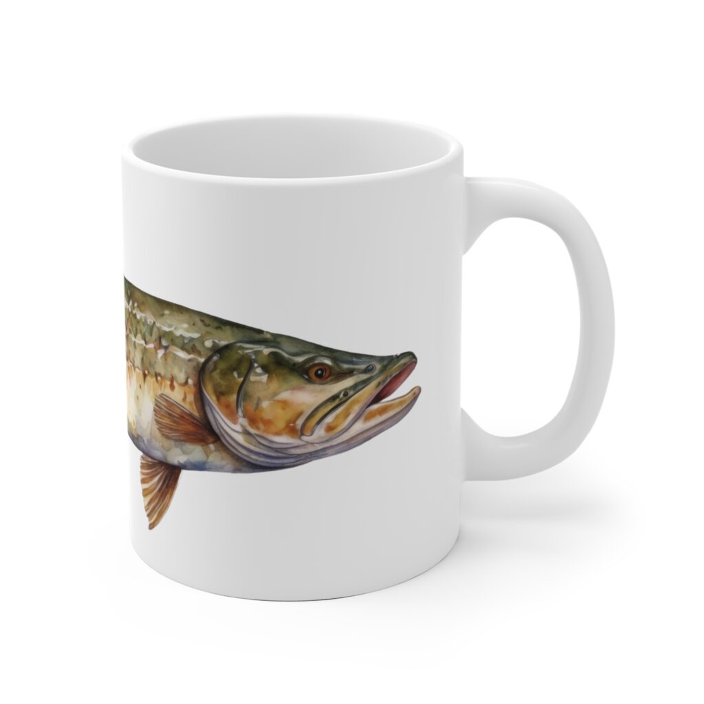 Aquarell Hechtmotiv auf wei&szlig;en Keramiktassen &ndash; stilvolle Kaffeetassen f&uuml;r Fischliebhaber