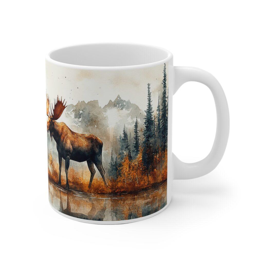 Aquarell Elch Tasse im Yukon &ndash; Naturmotiv Kaffeetasse f&uuml;r Tierliebhaber