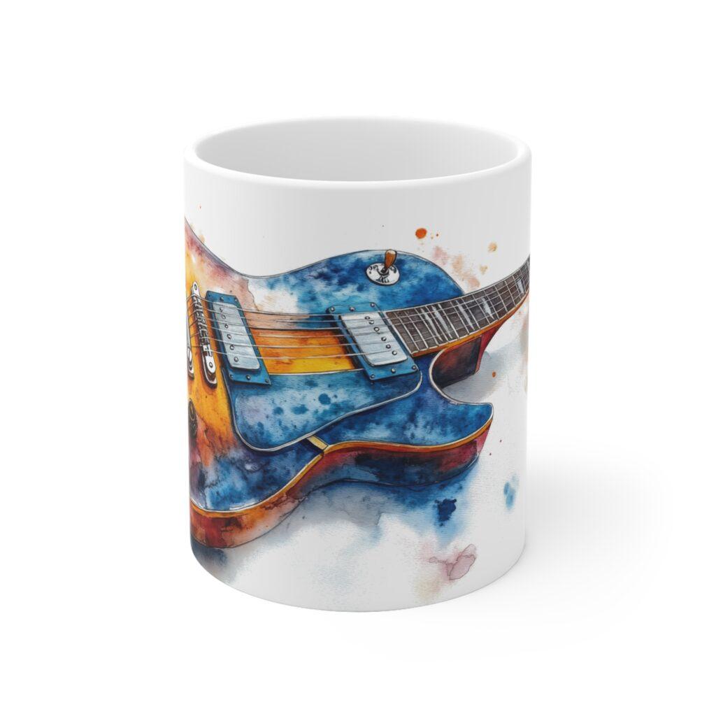 Keramiktasse mit Les Paul Sunburst Blue Aquarell Design &ndash; ideal f&uuml;r Kaffeeliebhaber!