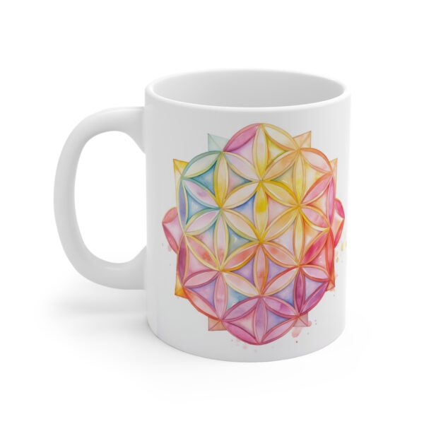 Weiße Aquarell Keramiktasse mit Lebensblume – Ideal für spirituelle Geschenke