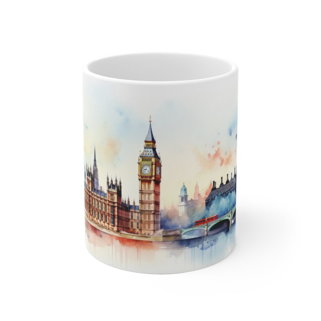 Wei&szlig;e Tasse mit Watercolor Big Ben Motiv &ndash; Perfektes Geschenk f&uuml;r Reisefreunde und Weltenbummler