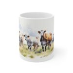 Weiße Keramiktasse mit Rindern und Kühen im Aquarell Stil – Ländliche Tiermotive für Tierliebhaber